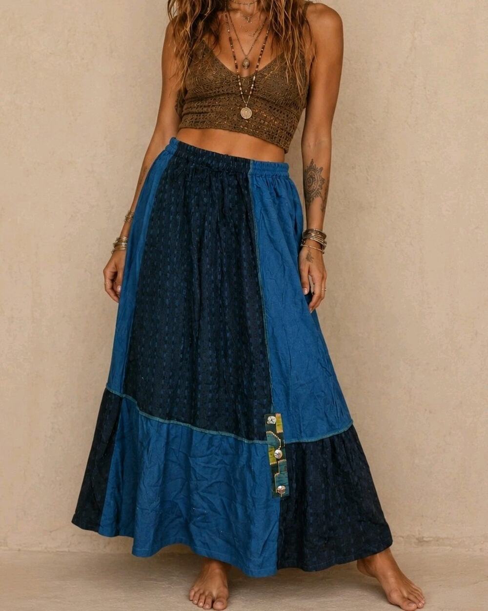 Vintage Surya ll Teal Blue Shell Button Patchwork Detail Long Skirt 2X Gypsy